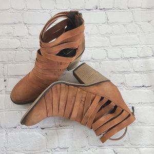 Free People Size 40=9.5  Strappy Hybrid Stacked Heel Boot Brown Leather